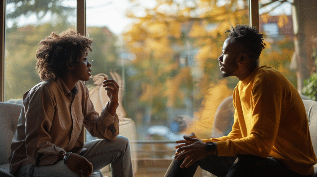 Two people engaged in a serious face to face conversation representing Motivational Interviewing for Mandated Clients in a real world discussion setting