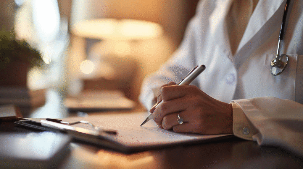 Clinician writing notes during an intake reflecting the assessment and documentation process in Motivational Interviewing for Mandated Clients