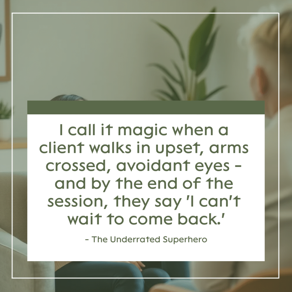 Motivational Interviewing for Mandated Clients quote graphic showing a therapy session scene with text about an upset client who ends the session saying they cant wait to come back