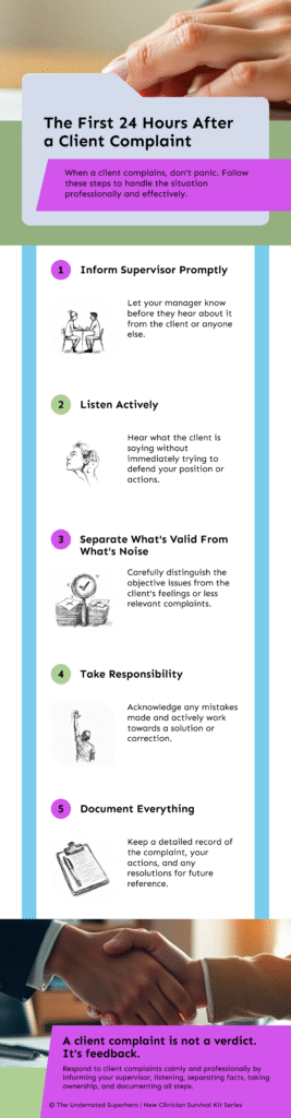 Client Complaint response infographic outlining the first 24 hours after a client complaint including informing supervision listening actively documenting and taking responsibility