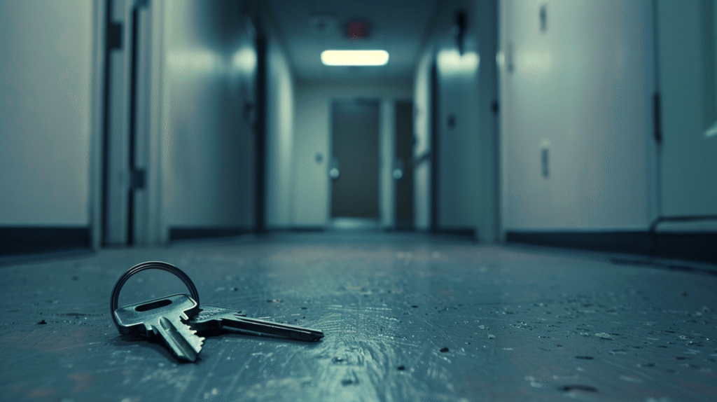 Keys lying on the floor of a dim institutional hallway symbolizing burnout and the internal thought i want to quit in a clinical setting