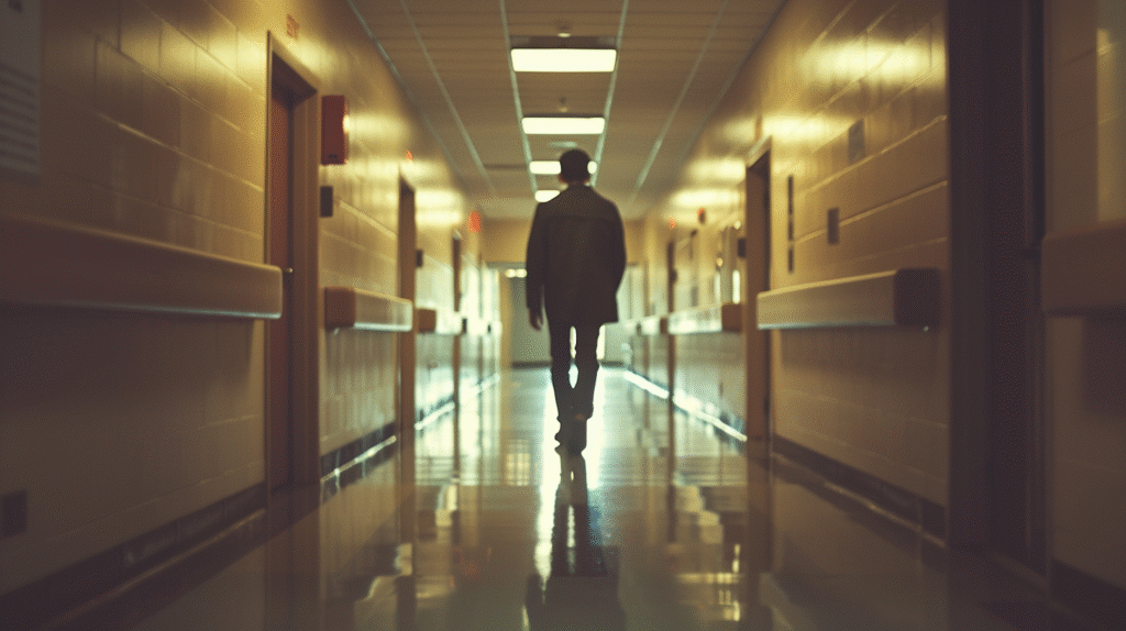Client Complaint visual of a clinician walking alone down a long institutional hallway symbolizing uncertainty after a client complaint