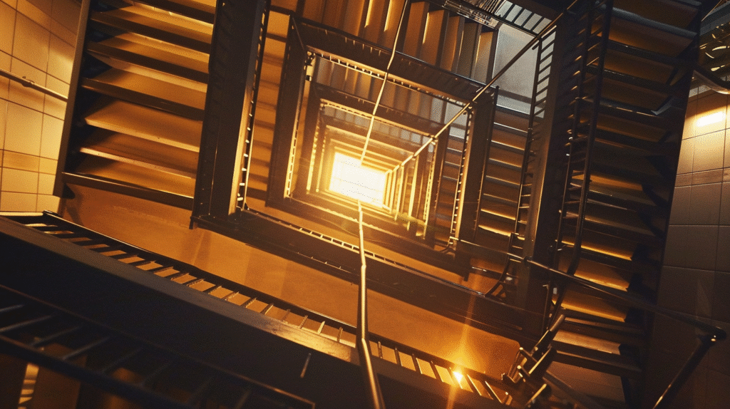 View looking up a staircase toward bright light illustrating career pressure and the moment a therapist thinks i want to quit