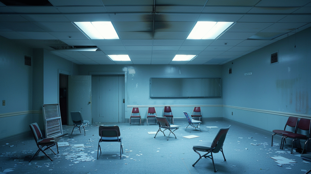 An empty group therapy room with scattered chairs capturing burnout and the vulnerable realization i want to quit in behavioral health work