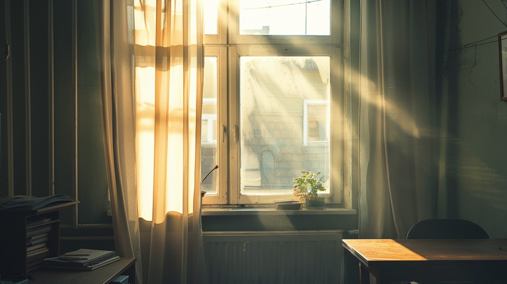 Soft sunlight streaming through an office window symbolizing reflection hope and moving through the feeling i want to quit as a clinician