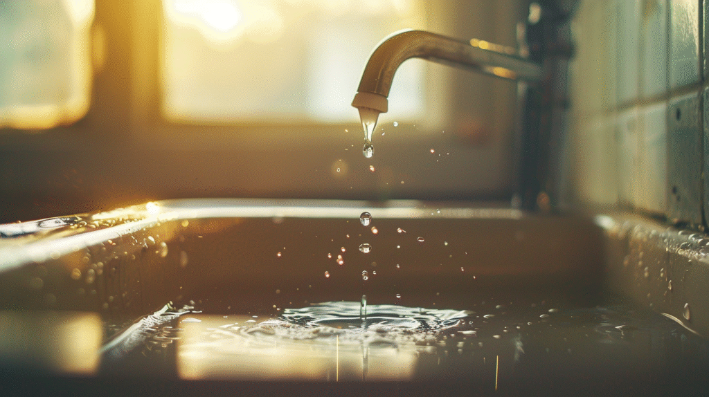 Close up of water dripping slowly from a faucet into a sink at golden hour representing burnout and the emotional weight behind i want to quit