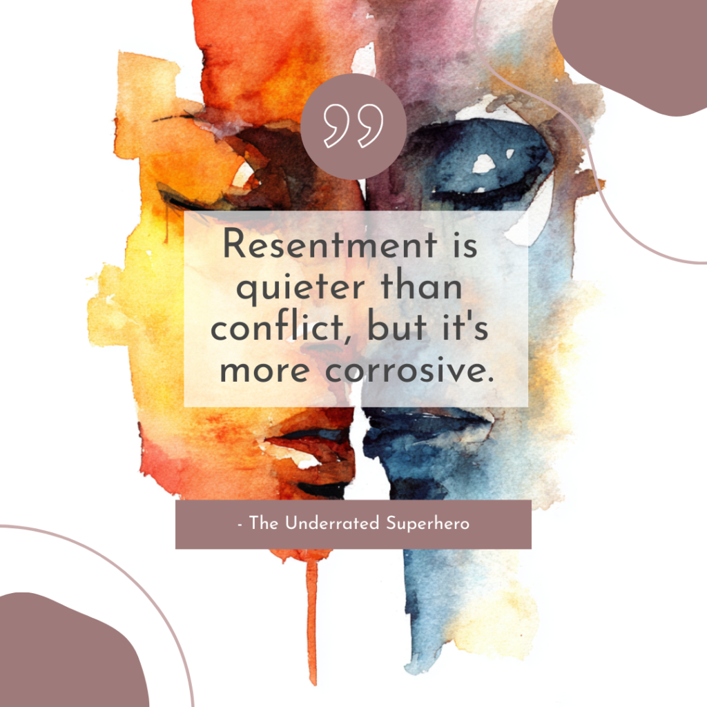 Watercolor illustration of two contrasting faces in warm and cool tones with quote about resentment reflecting emotional tension caused by a difficult coworker