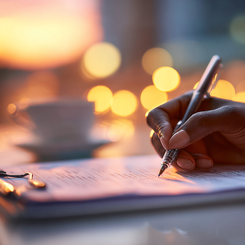Close up of a person writing notes on a clipboard during recovery planning or therapy session focused on managing relapse