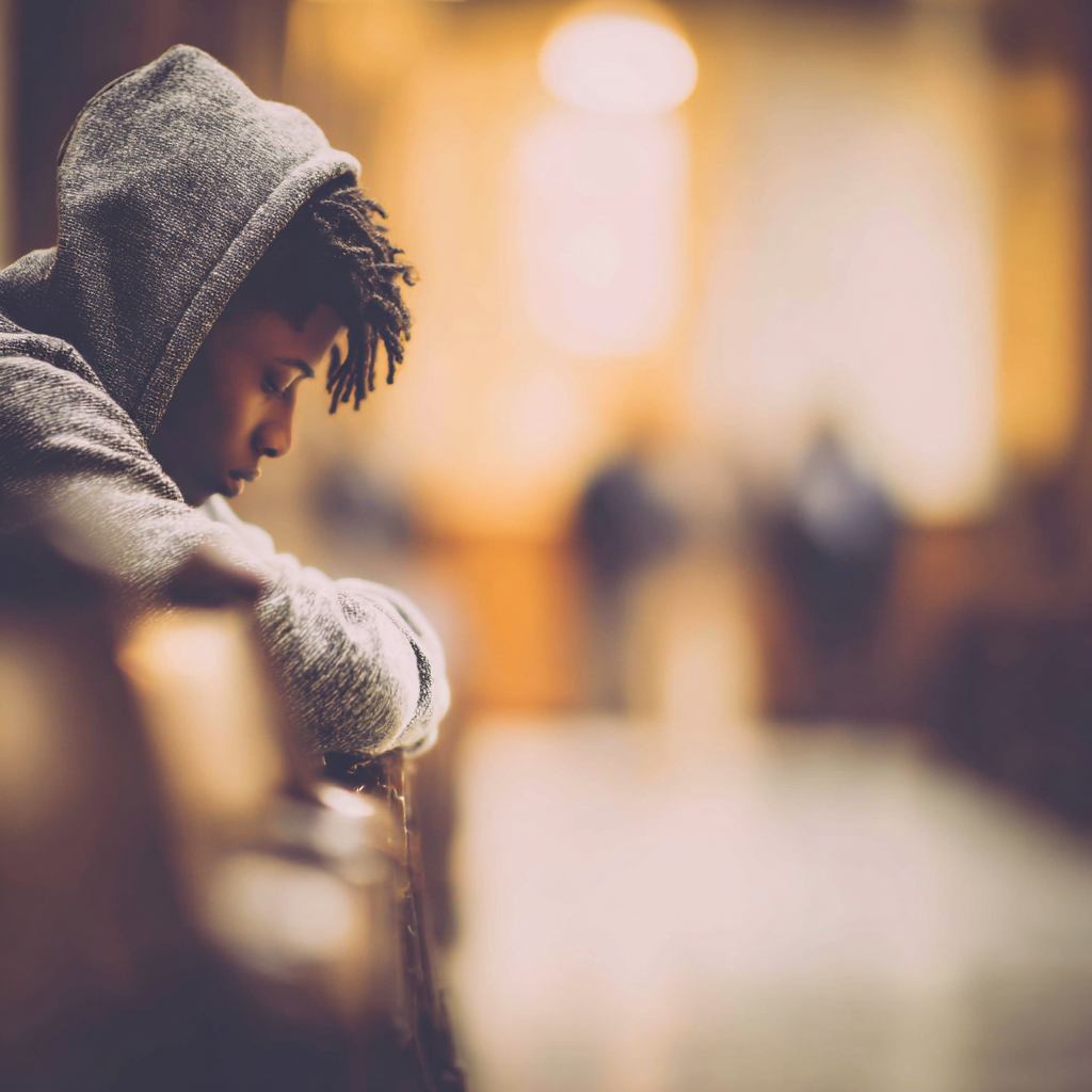 Person sitting alone in a church pew with head down reflecting on recovery challenges and managing relapse during difficult moments