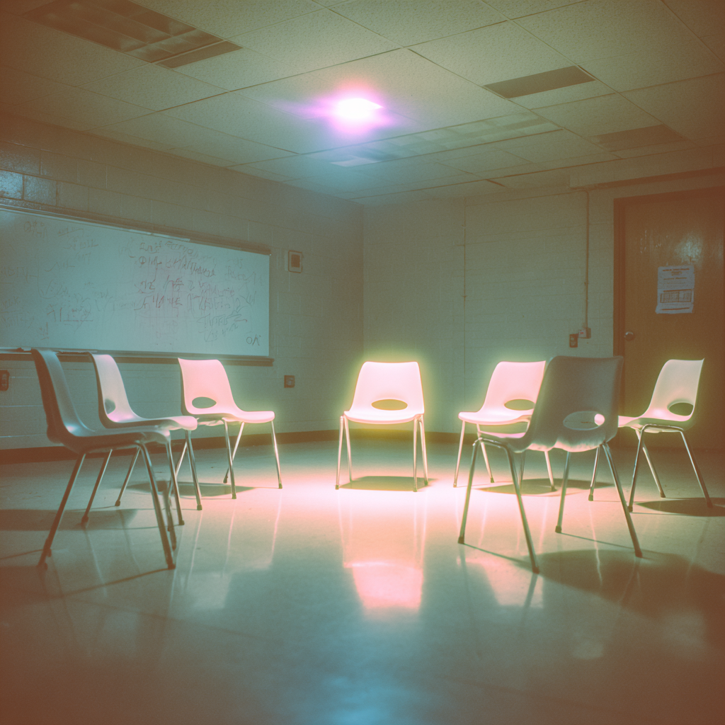 Empty chairs arranged in a group therapy circle representing support meetings and strategies for managing relapse in recovery