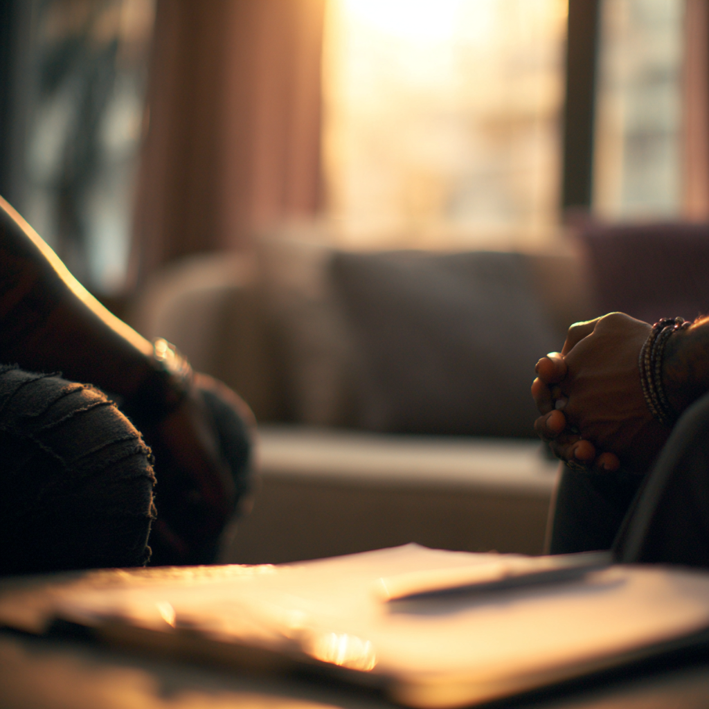Two people sitting across from each other in a counseling session discussing recovery challenges and managing relapse