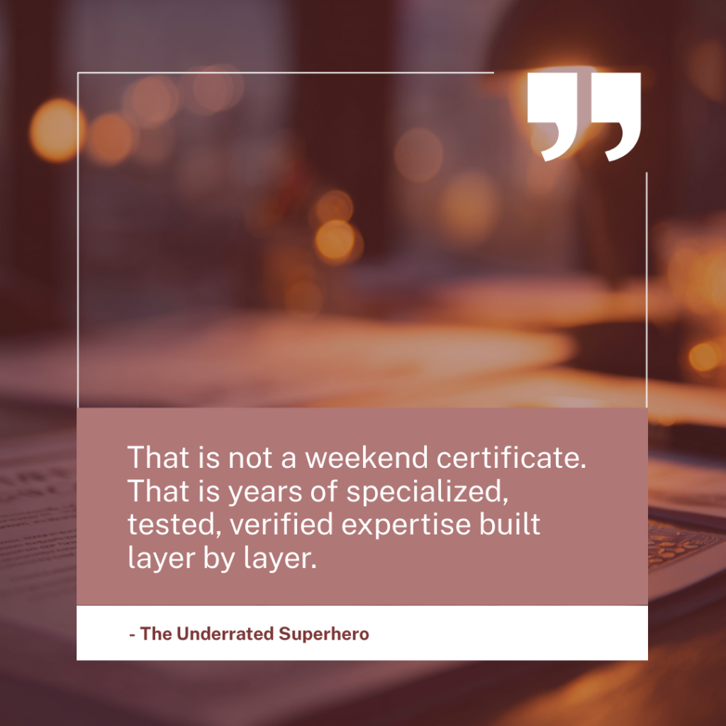 Graphic overlay on professional certificates emphasizing years of specialized expertise required for the Most Underrated Job in Mental Health