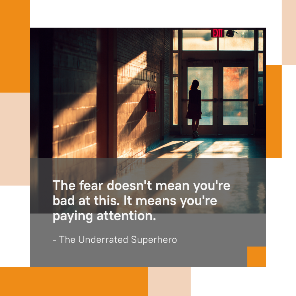 Mental health clinician standing alone in a quiet hallway near an exit door reflecting on the fear that can arise when Scared of a Client emphasizing awareness and professional vigilance
