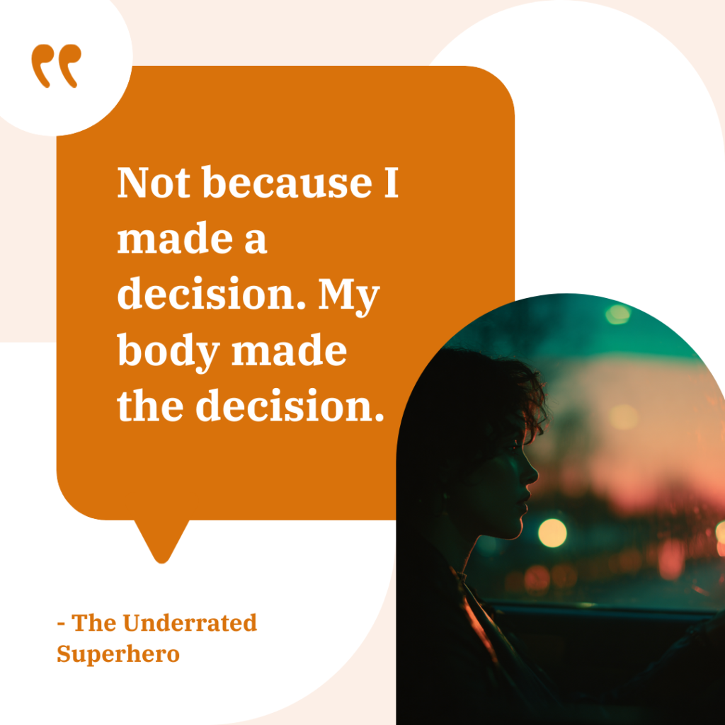 Quote graphic about instinct and safety featuring a clinician sitting in a car at dusk reflecting on a moment they felt Scared of a Client and trusted their bodys warning signals