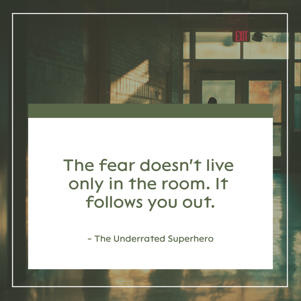 Therapy hallway with exit door and quote about fear following clinicians after sessions illustrating the lingering Fear of Losing a Client beyond the therapy room