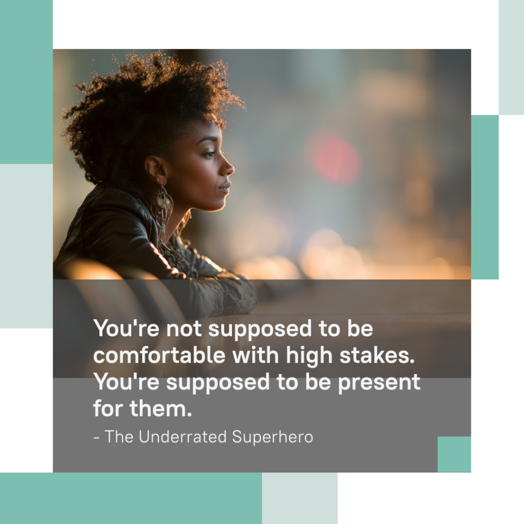 Mental health clinician leaning forward thoughtfully with quote about staying present under pressure reflecting the emotional strain and Fear of Losing a Client in high stakes therapy work