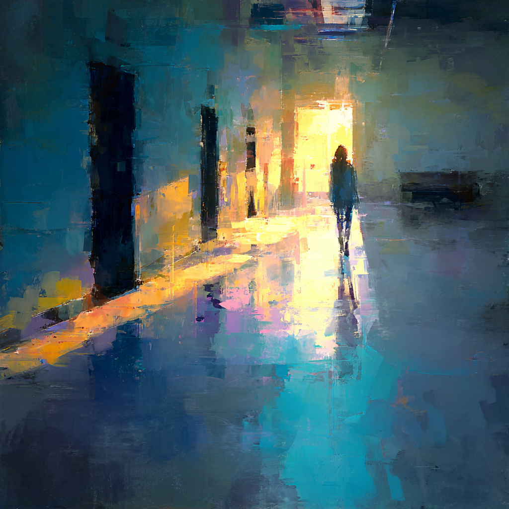 Abstract painting of a lone figure walking down a corridor toward light symbolizing the emotional journey clinicians experience when feeling Scared of a Client