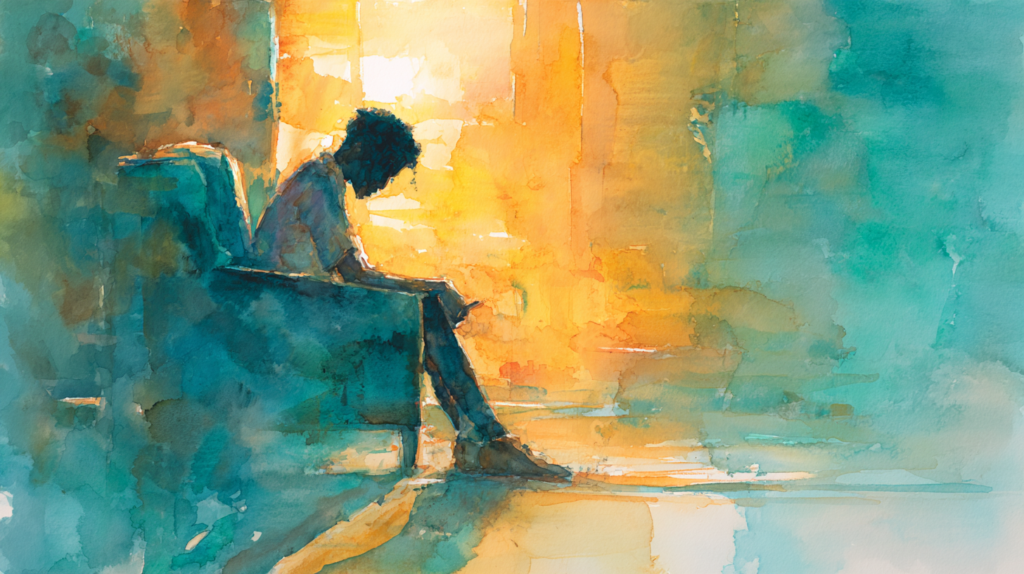 Watercolor illustration of a clinician sitting in a therapy chair with head lowered reflecting on self doubt and the Fear of Losing a Client