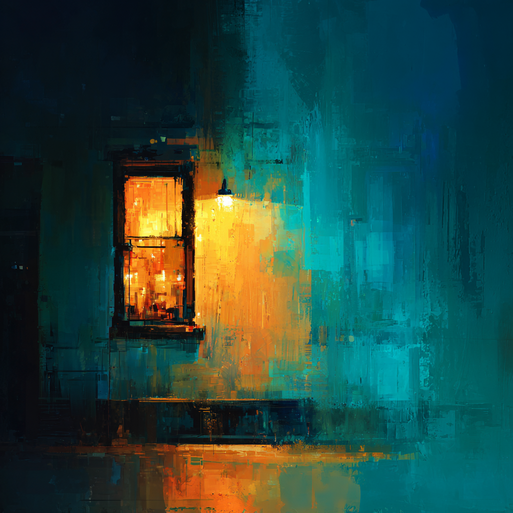 Abstract painting of a glowing window in a dark building representing isolation and the quiet emotional burden of the Fear of Losing a Client