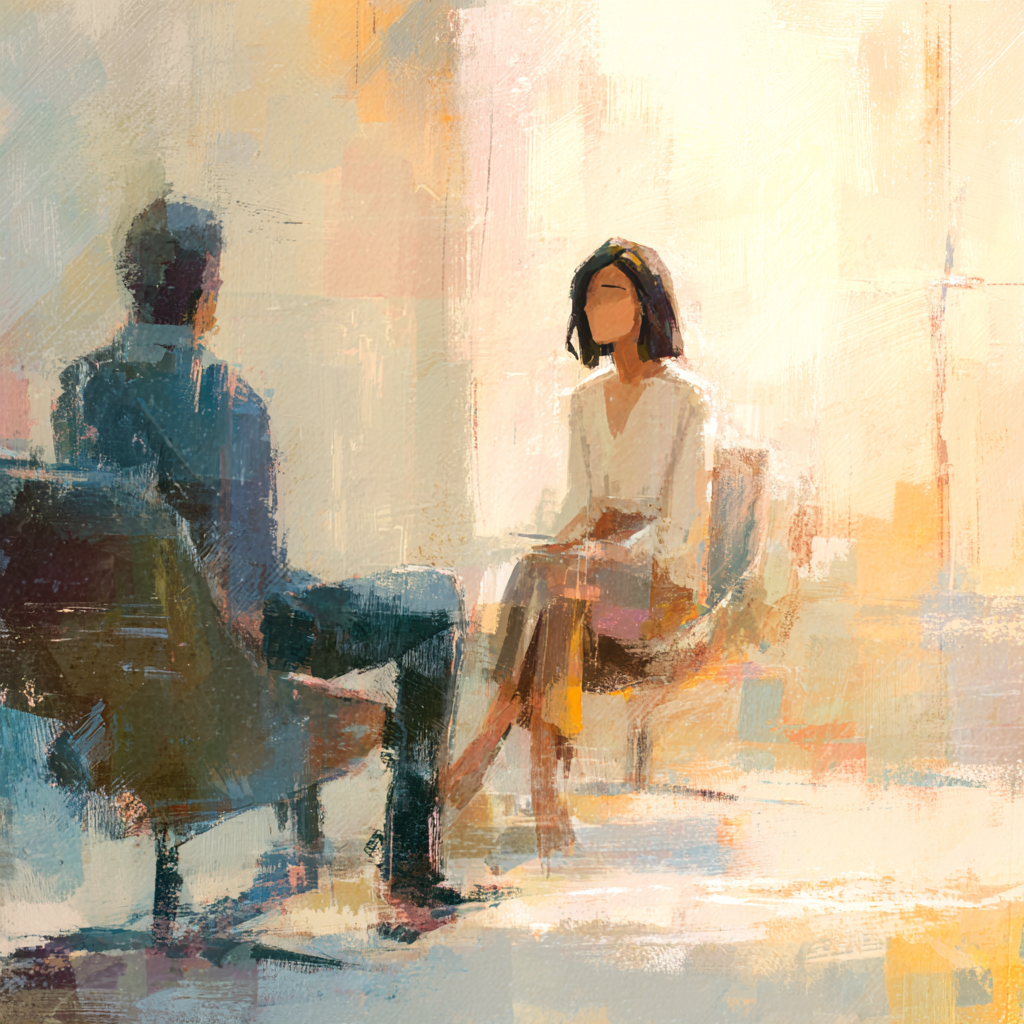 Illustrated therapy session with counselor and client sitting across from each other representing the difficult reality of feeling Scared of a Client in clinical practice