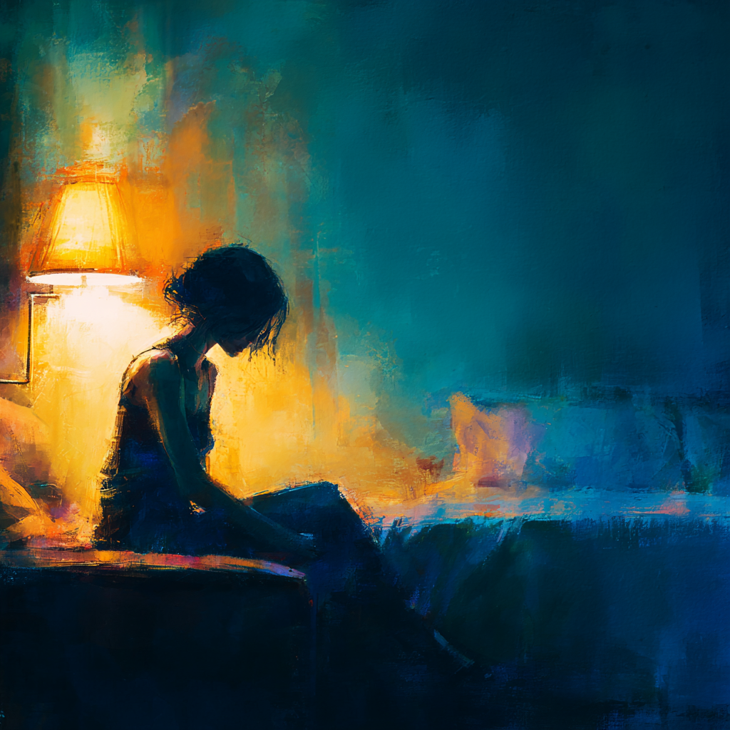 Illustration of a person sitting quietly on the edge of a bed beside a lamp capturing the emotional weight clinicians may carry When Clients Trigger You as a Clinician