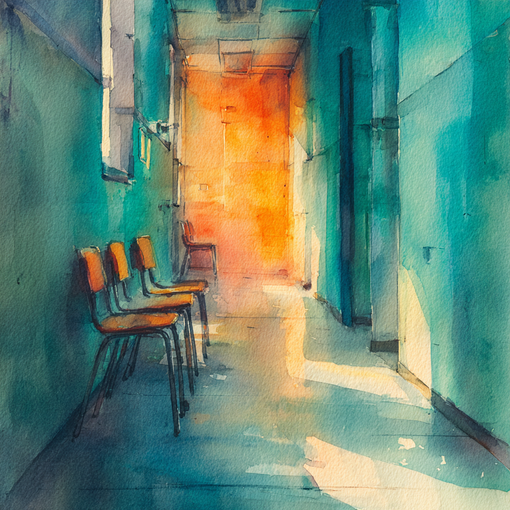 Watercolor illustration of an empty treatment center hallway with chairs and warm light at the end symbolizing reflection and awareness When Clients Trigger You as a Clinician