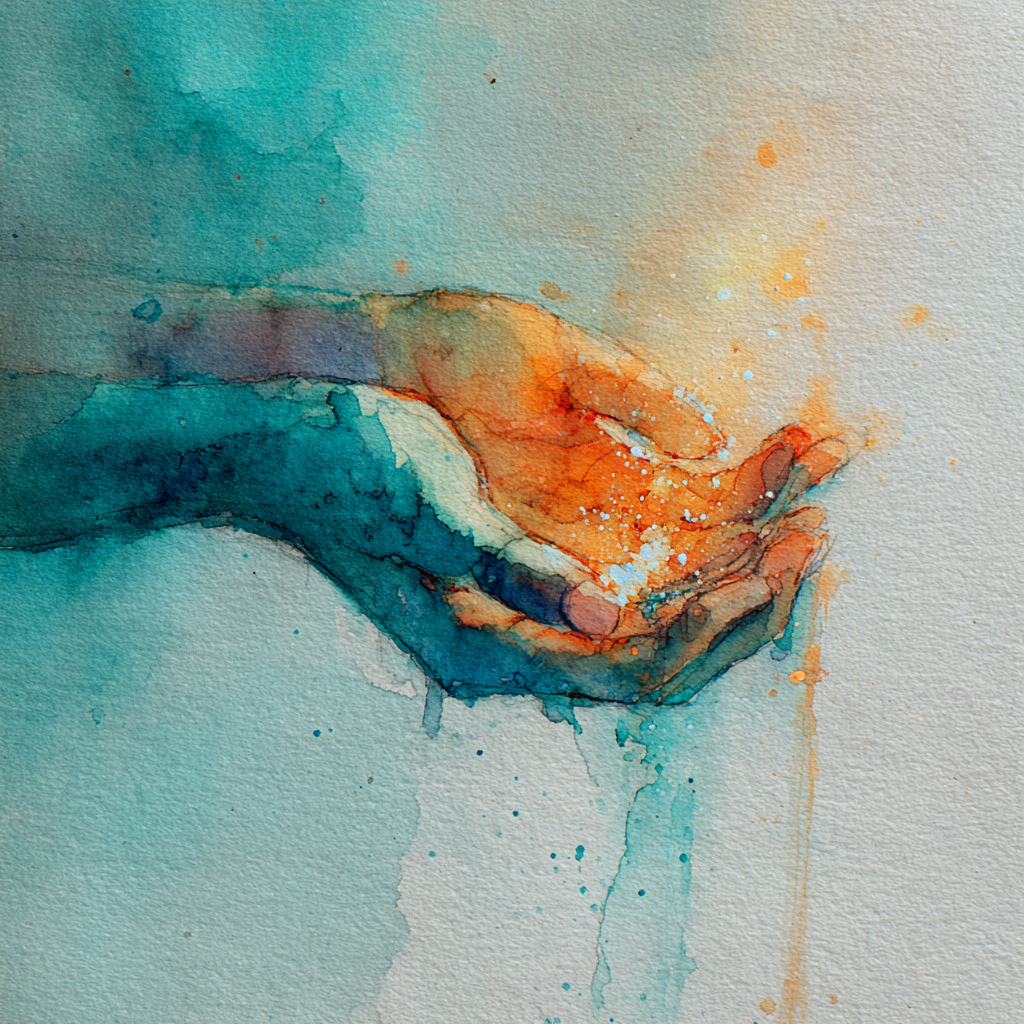 Watercolor illustration of two hands gently holding each other symbolizing compassion grounding and emotional awareness When Clients Trigger You as a Clinician during challenging therapeutic moments