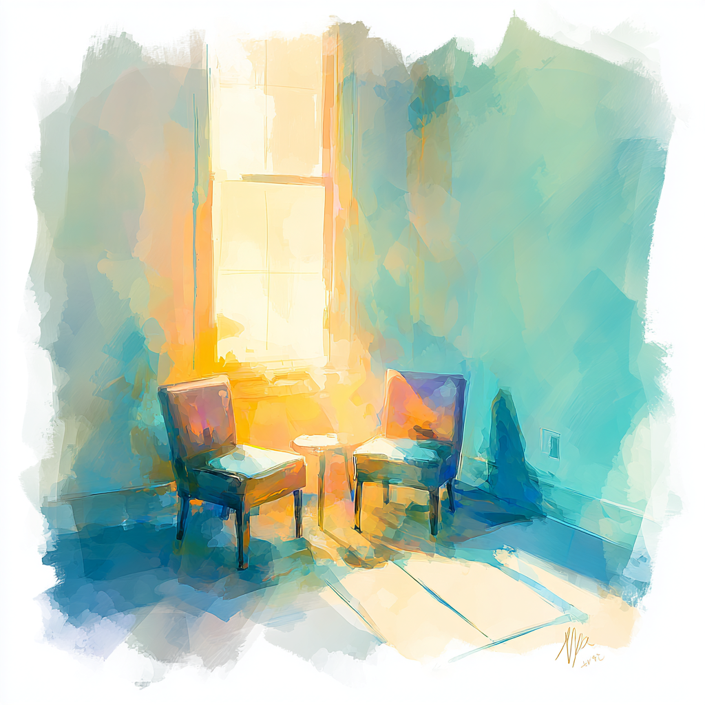 Two therapy chairs facing each other in a softly lit counseling room representing the relational space where awareness grows When Clients Trigger You as a Clinician