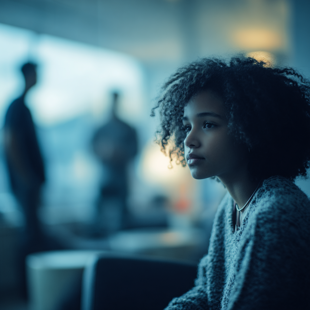 Young woman sitting quietly in a waiting area while others stand blurred behind her reflecting emotional strain from a difficult coworker