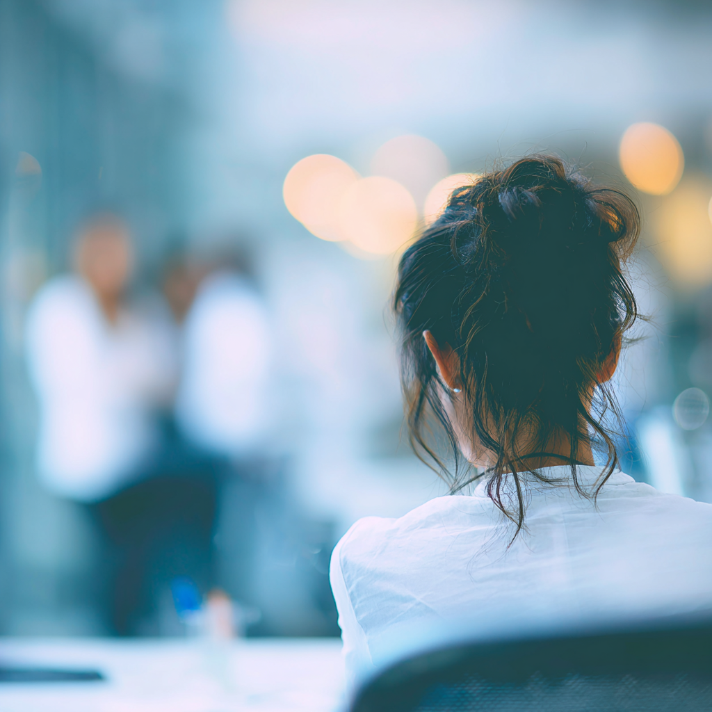 Back view of a woman clinician sitting alone while colleagues talk in the background illustrating stress related to a difficult coworker