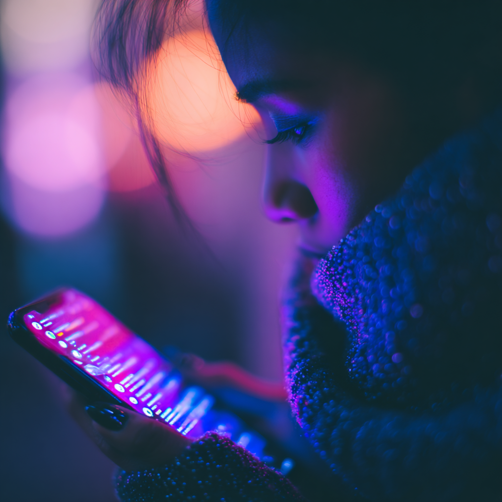 Close up of a person looking at their phone under neon lighting representing stress rumination and late night thoughts about a difficult coworker
