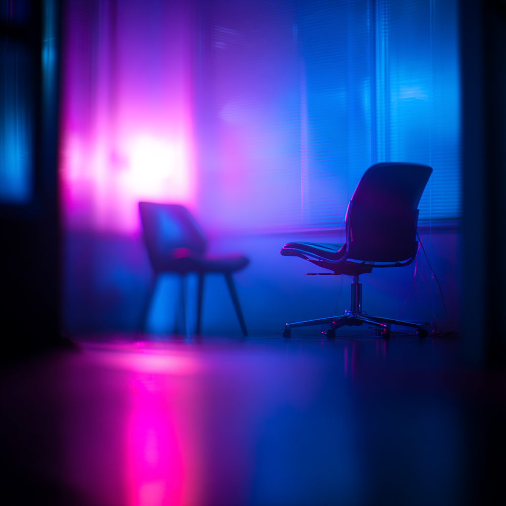 Empty therapy office chairs under moody pink and blue lighting symbolizing tension and isolation caused by a difficult coworker