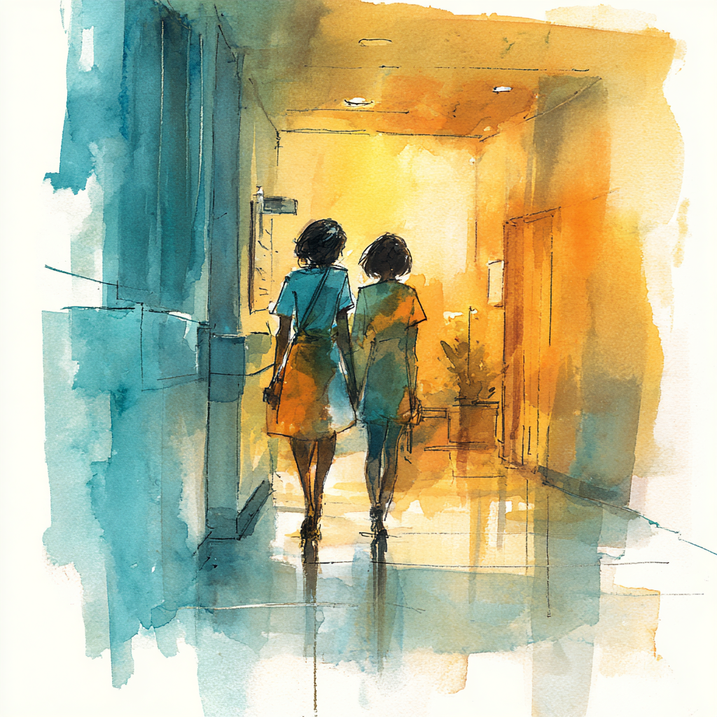 Watercolor illustration of two colleagues walking down a hallway representing navigating workplace dynamics with a difficult coworker