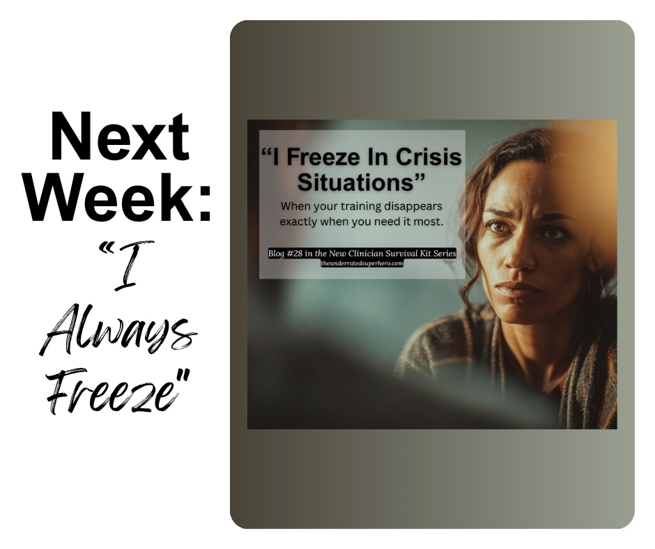 Promotional graphic Next Week I Always Freeze with a worried woman and a blurred inset text about freezing in crisis situations hinting at an upcoming blog post