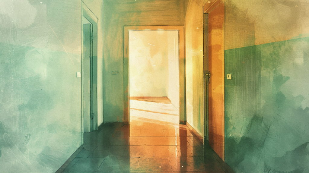 Watercolor illustration of an institutional hallway with light spilling through an open doorway representing the threshold moments of ethics in justice involved treatment