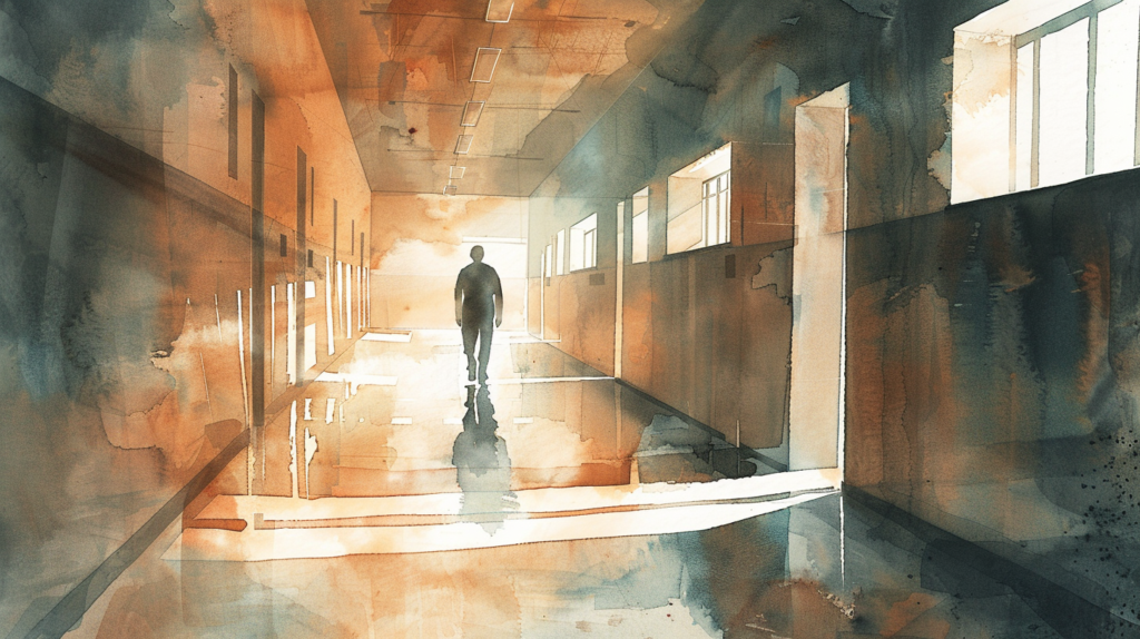 Watercolor illustration of a figure walking down an institutional corridor toward warm afternoon light representing the clinical journey through ethics in justice involved treatment