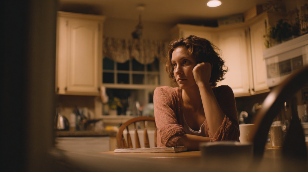 Woman sits at a kitchen table in warm dim light resting her chin on her fist and looking thoughtful