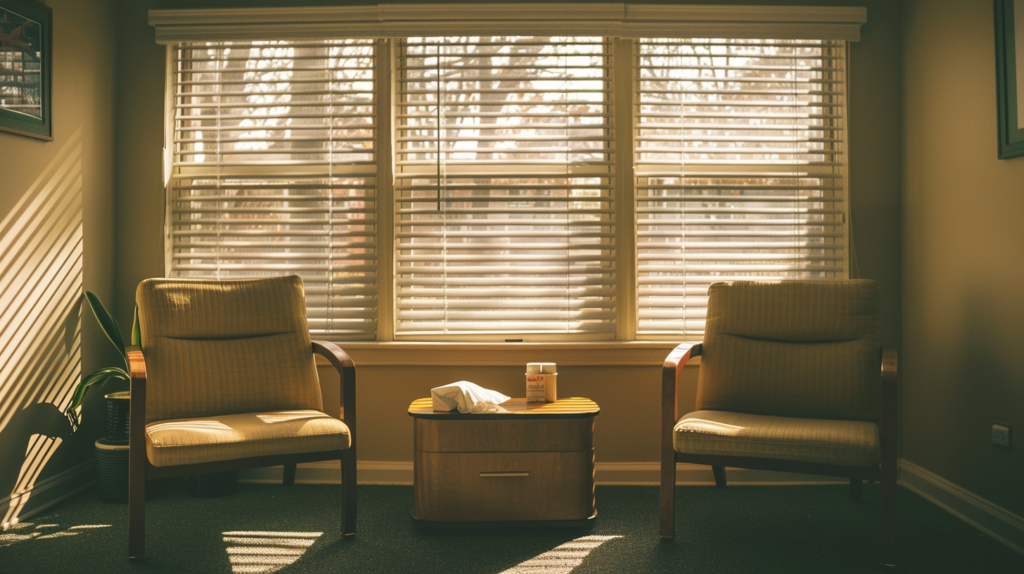 Empty therapist office with two chairs and tissue box representing the clinician freeze response in session