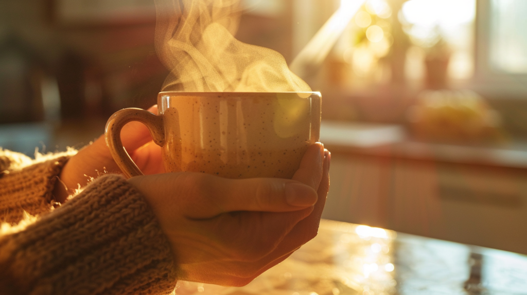 Hands holding a warm mug in morning light after recovering from the clinician freeze response