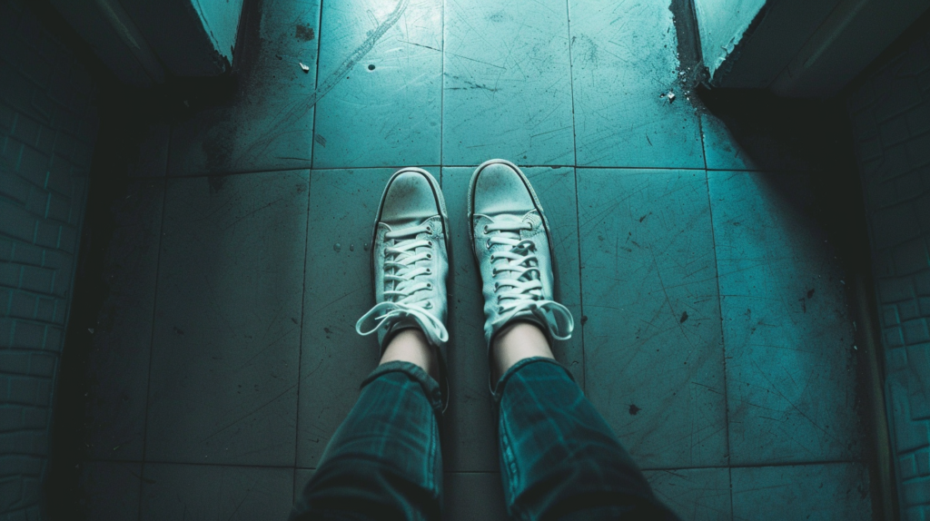 Overhead view of feet stopped on tile floor illustrating the clinician freeze response