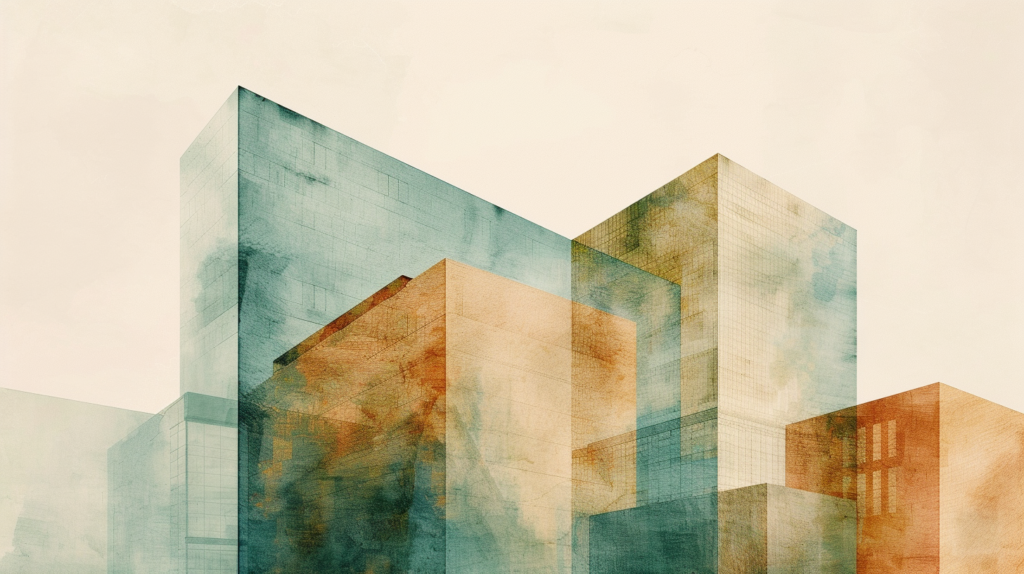 Watercolor illustration of overlapping institutional buildings representing ethics in justice involved treatment