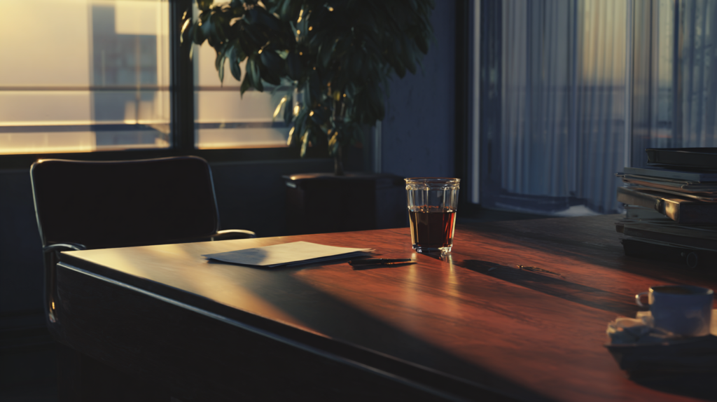 Wooden office desk bathed in warm light with a glass of coffee papers and a pen plus a plant in the background
