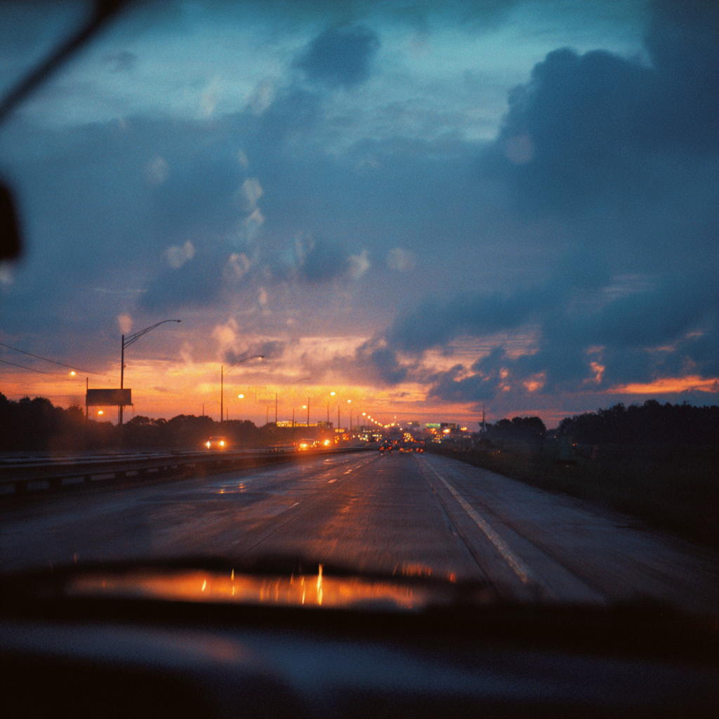 Distant highway at dusk viewed from inside a car wet road reflecting orange streetlights and blue evening sky windshield blur in foreground