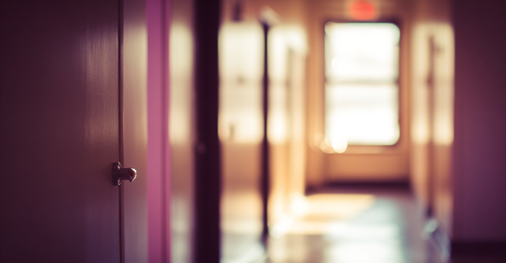 A long community health hallway with doorways receding into soft light representing the missing middle of the care system and the limited step down options available to clients