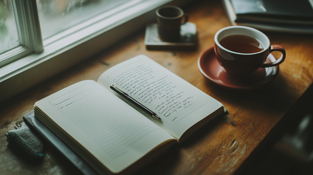 Clinicians open notebook on a wooden desk beside a cup of tea handwritten case notes visible  the kind of quiet review that happens when a client isnt getting better and youre trying to figure out why