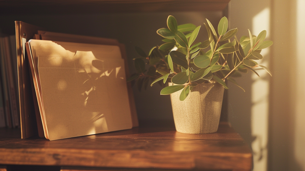 A manila folder stored upright on a wooden shelf beside a small plant in warm afternoon light representing the populations and approaches a clinician cares about but hasn't built into an active specialty yet.
