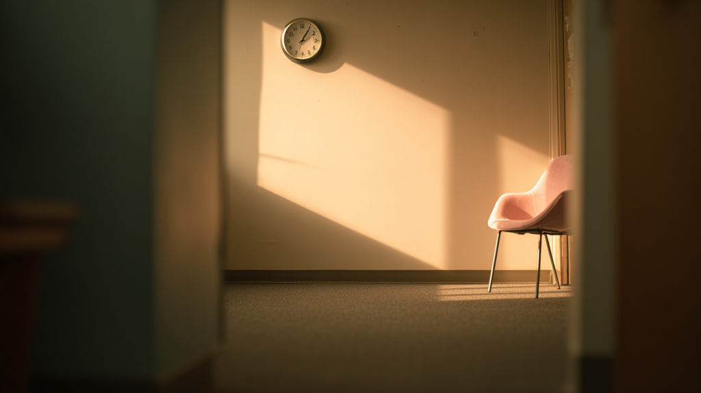 An empty chair beside a sunlit office window with a softly blurred clock on the wall evoking the quiet waiting feeling of a session where clinical patience is wearing thin