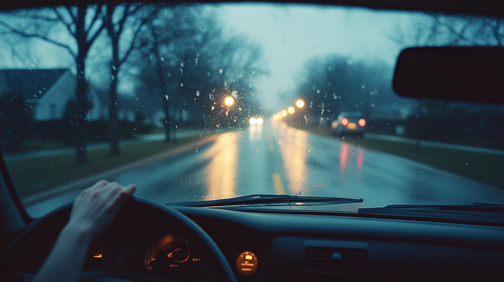Therapist drives home at dusk on a rainy road hands gripping the steering wheel replaying sessions in their head and wondering why their client isnt getting better