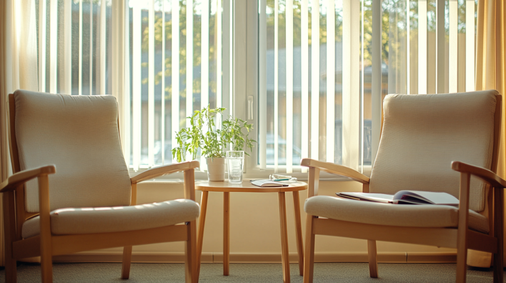 Two wood framed armchairs facing each other in a softly lit therapy office a clinicians notebook resting on one seat capturing the reflective space between sessions when a client isnt getting better
