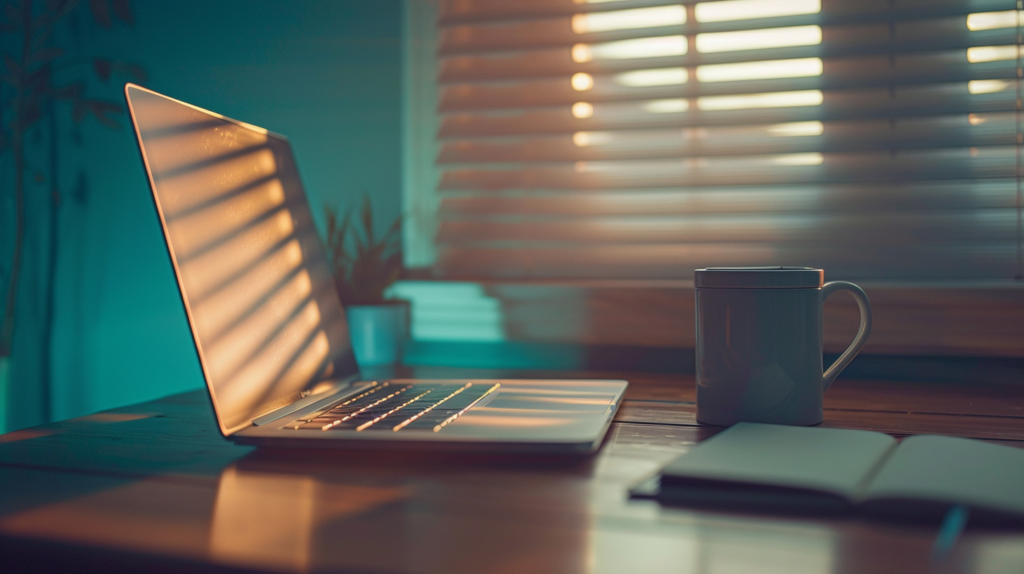 Half closed laptop on a desk with a coffee mug and open notebook in late afternoon light illustrating professional withdrawal and discretionary effort in a toxic workplace mental health setting